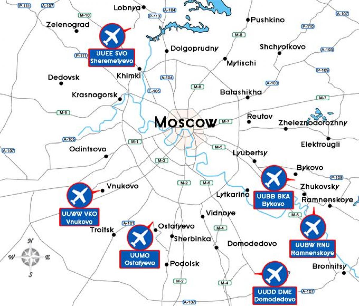 kaart van de luchthavens van Moskou